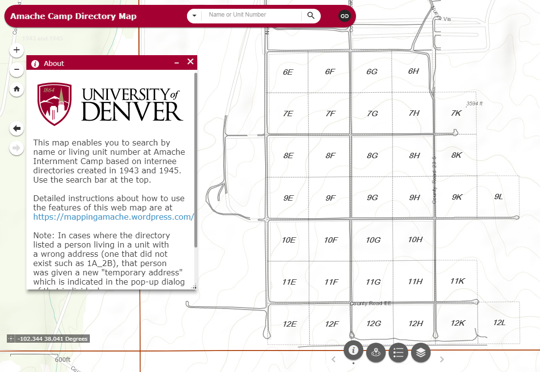 Landing page for Amache Camp Directory Map