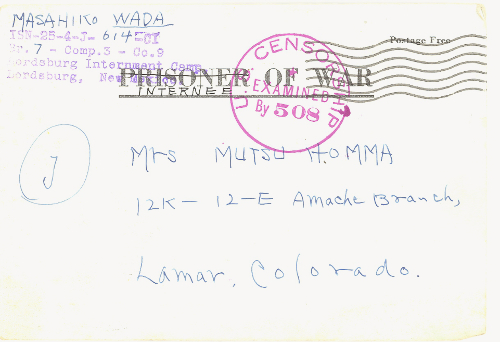 Letter sent from Masahiko Wada at Lordsburg Internment Camp to Mrs. Mutsu Homma at Amache