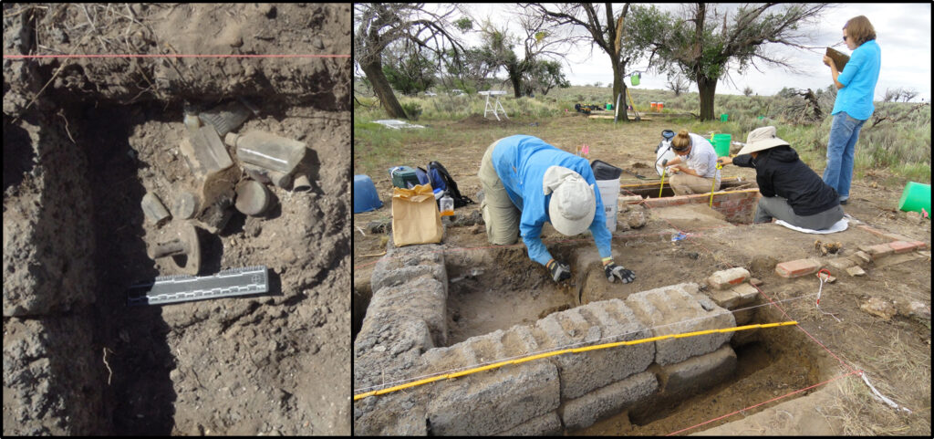 Left: Bundle of toiletries, photo courtesy DU Amache project. Right: Excavation of ofuro in Block 7H, photo courtesy Kirsten Leong.