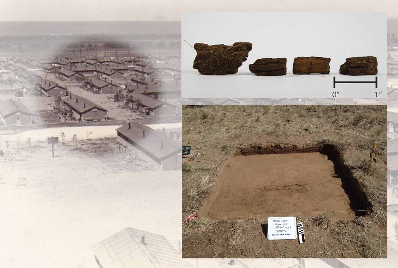 DU Amache Project, historic photo showing location of backstop, excavated unit, and lumber excavated. Historic photo courtesy of Helen Yagi Sekikawa.