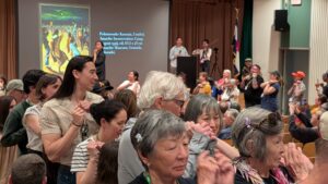 Obon dancing in the Granada HS auditorium. Photo courtesy Kirsten Leong, Amache Alliance.
